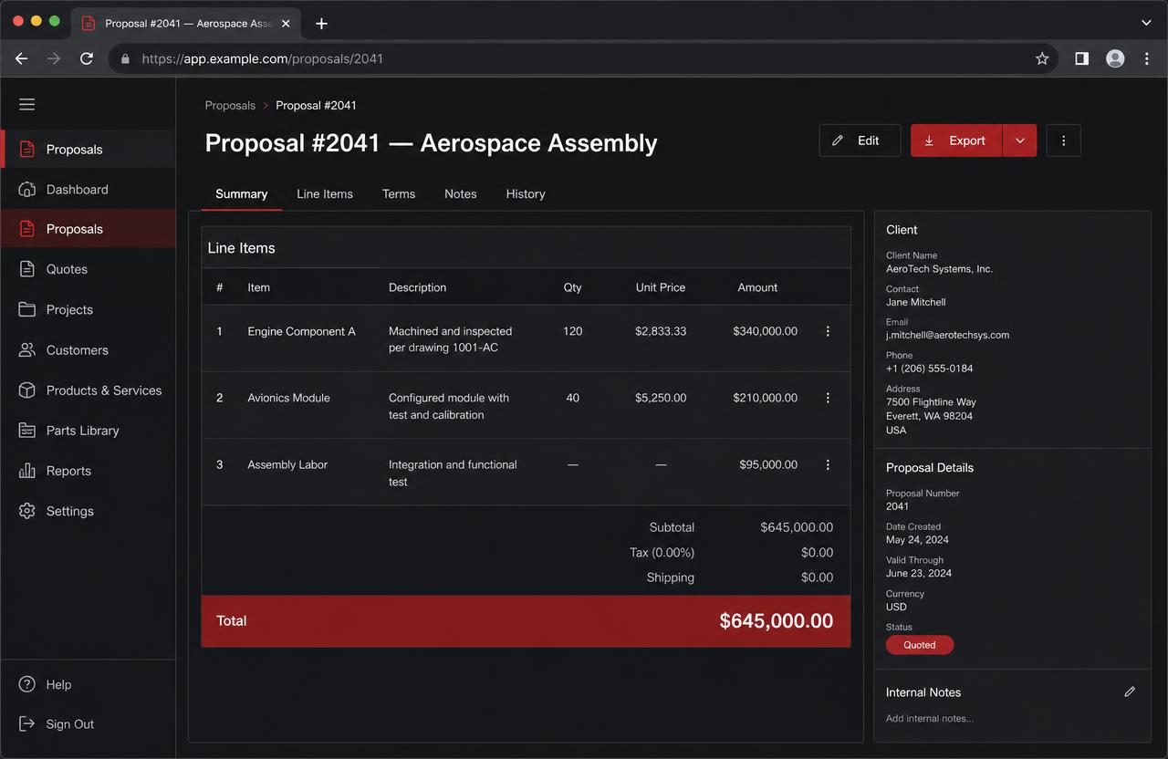 Proposal builder with line items and a total