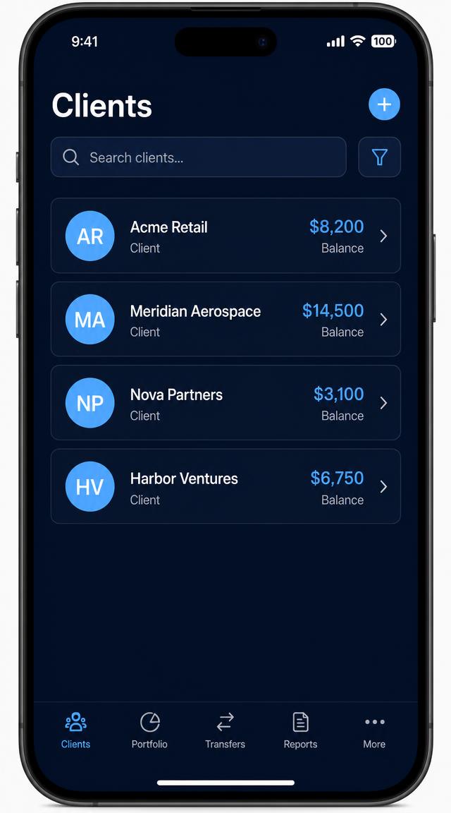 Mobile client list with avatars and balances