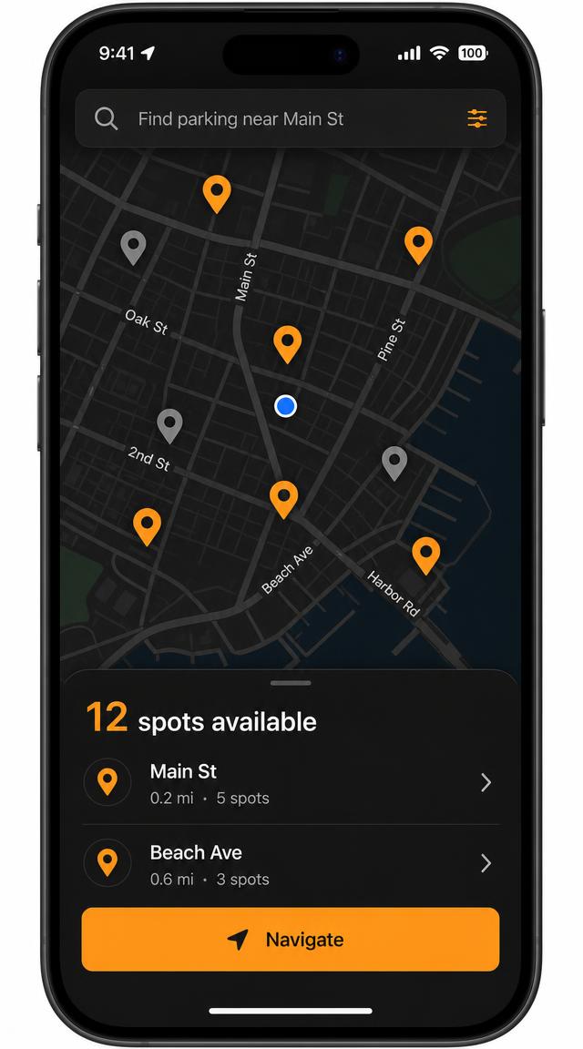 Mobile live parking map with pins and search